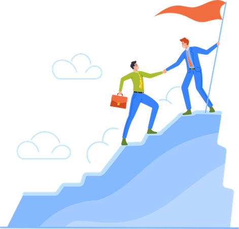 Business leader helping a colleague reach the top of a mountain